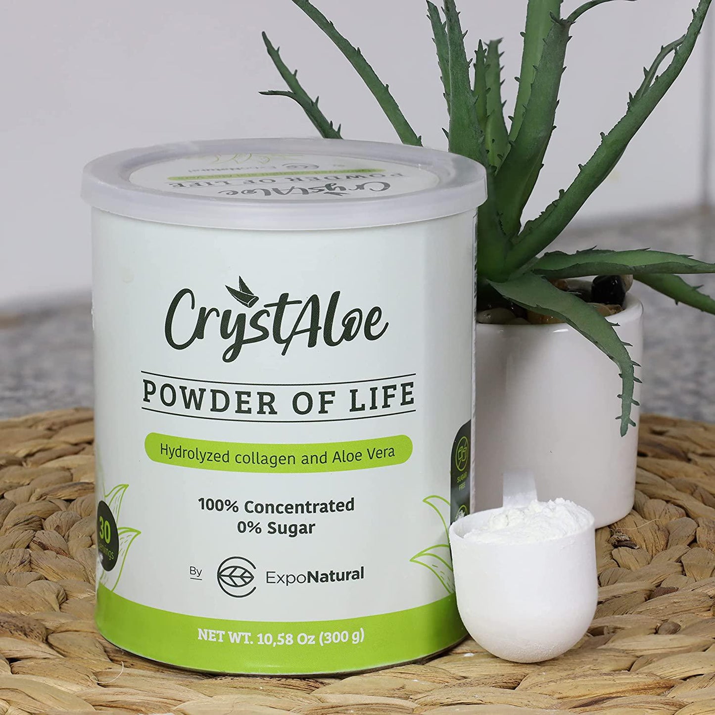 Crystaloe Powder of Life - Hydrolyzed Collagen and Aloe Vera, Sugar and Gluten Free, with Vitamin C, E, B, Biotin, Vanilla Flavor - 30 Servings