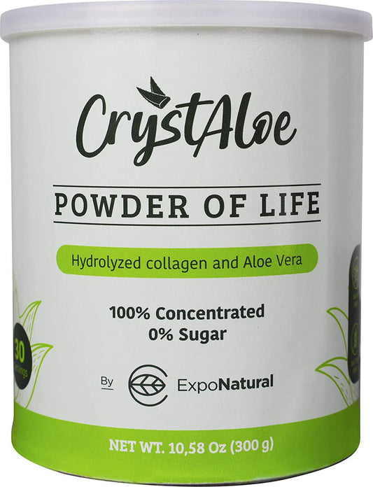 Crystaloe Powder of Life - Hydrolyzed Collagen and Aloe Vera, Sugar and Gluten Free, with Vitamin C, E, B, Biotin, Vanilla Flavor - 30 Servings