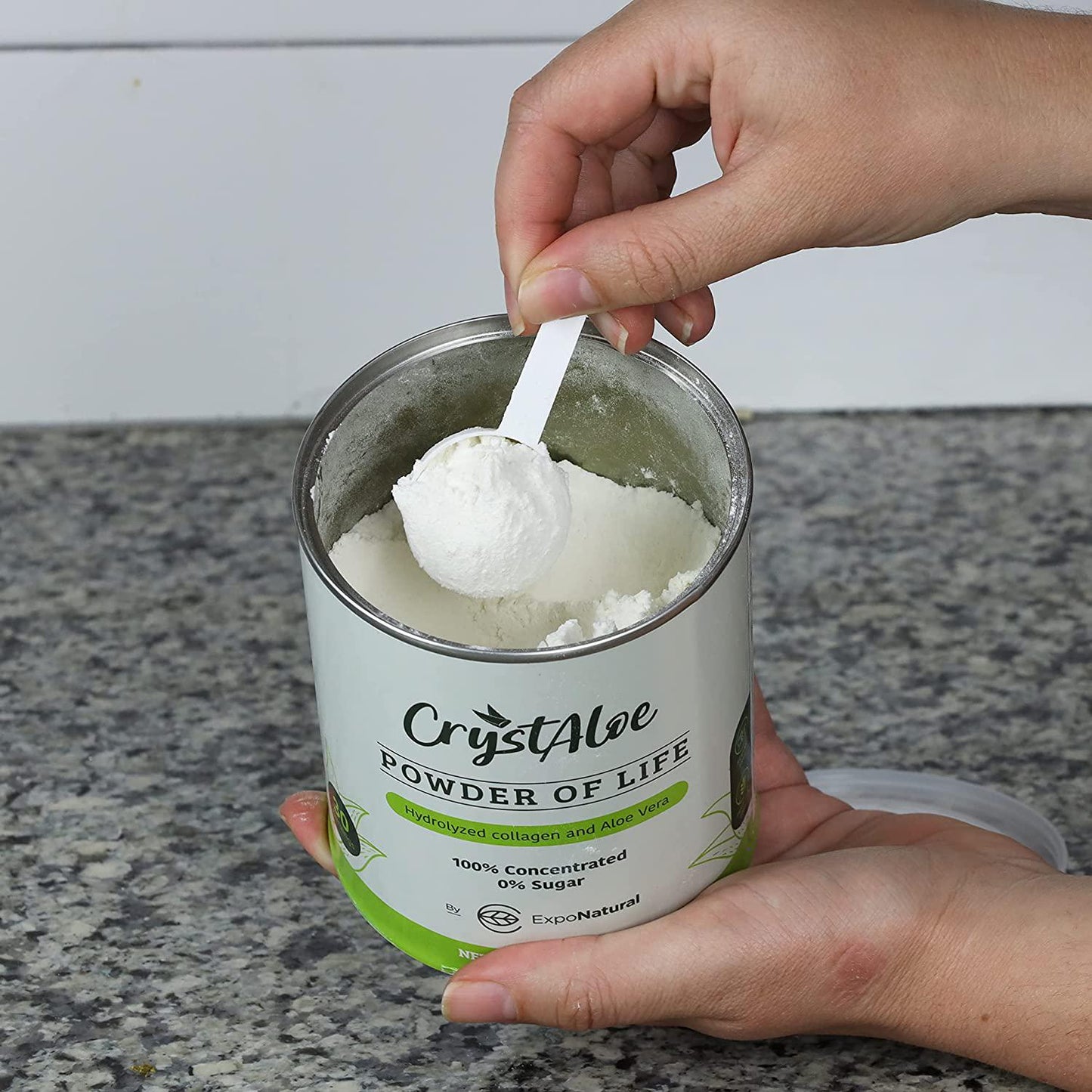 Crystaloe Powder of Life - Hydrolyzed Collagen and Aloe Vera, Sugar and Gluten Free, with Vitamin C, E, B, Biotin, Vanilla Flavor - 30 Servings