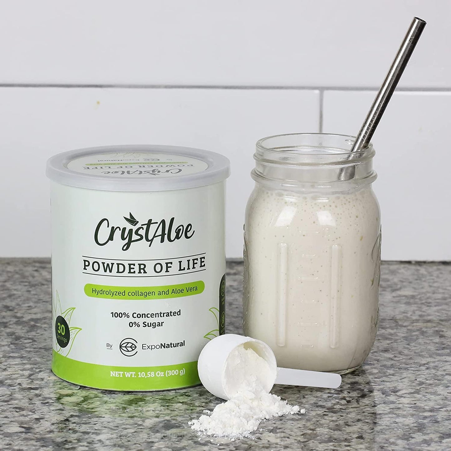 Crystaloe Powder of Life - Hydrolyzed Collagen and Aloe Vera, Sugar and Gluten Free, with Vitamin C, E, B, Biotin, Vanilla Flavor - 30 Servings