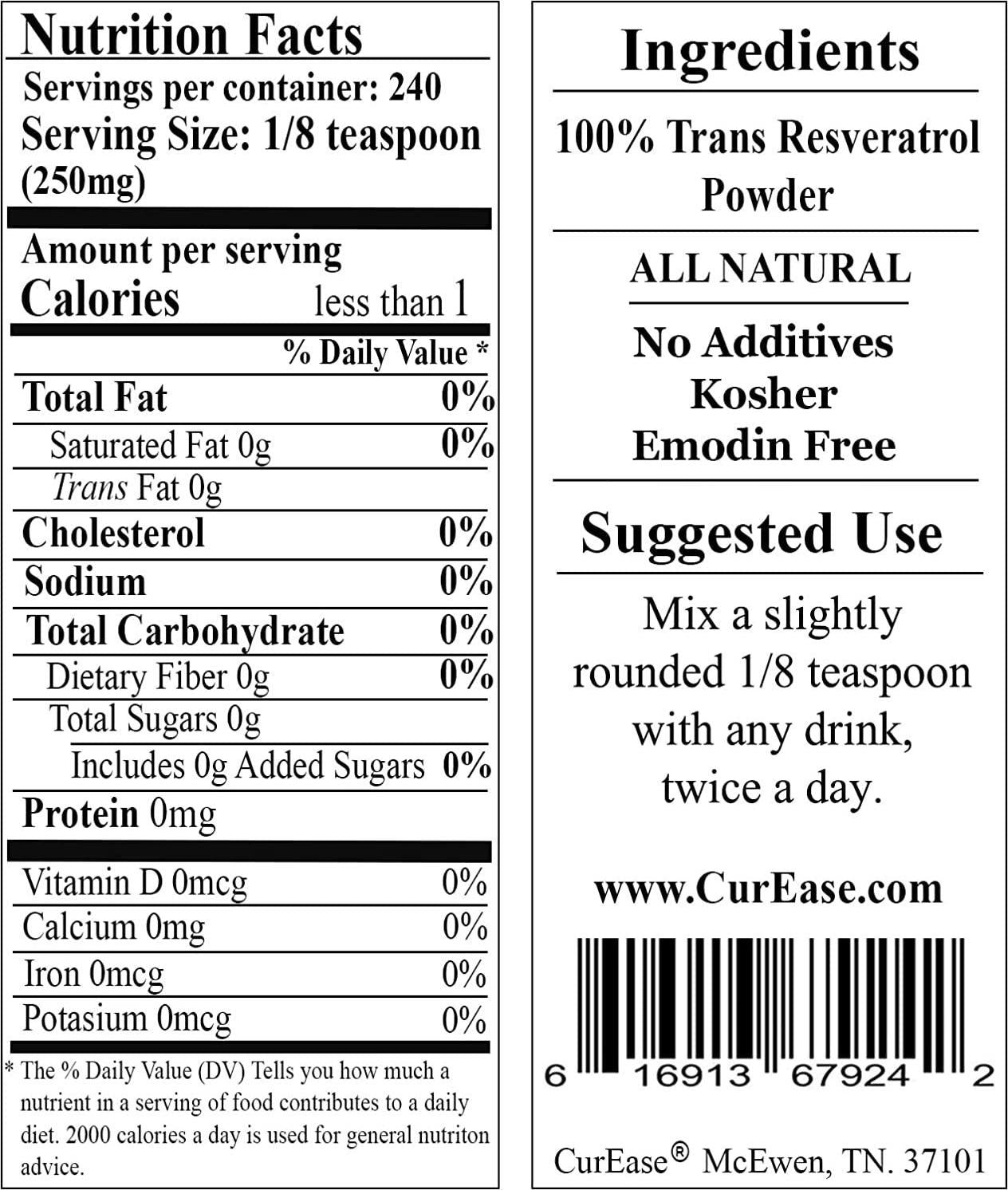 CurEase 100% Pure Trans Resveratrol Powder 240 Servings (60 Grams) 250mg Per Servings
