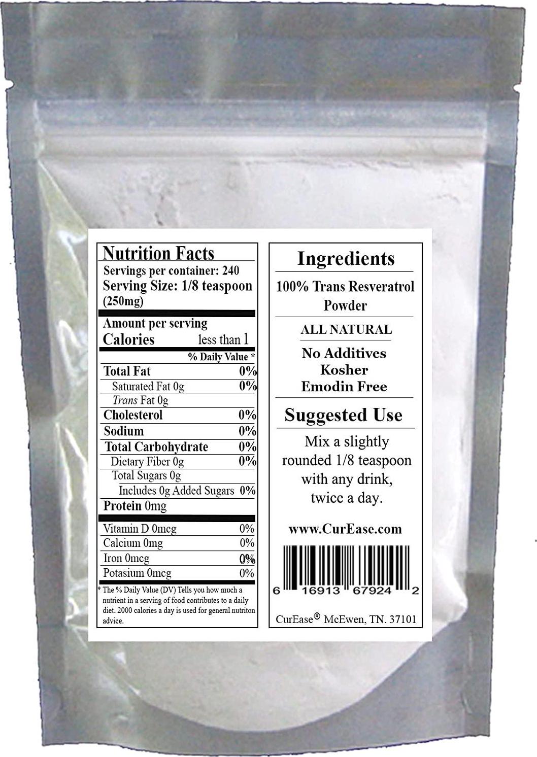 CurEase 100% Pure Trans Resveratrol Powder 240 Servings (60 Grams) 250mg Per Servings