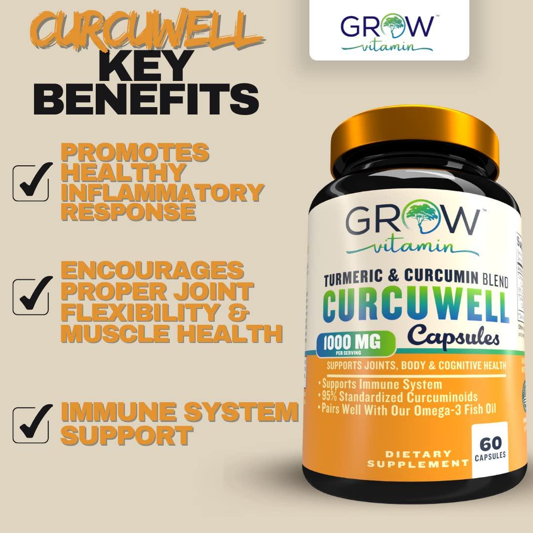 Curcuwell Turmeric Curcumin Capsules - 1000 mg Turmeric and Curcumin Blend, Maximum Strength Joint, Body and Cognitive Support -Â Natural Inflammatory Support, 95% CurcuminoidsÂ -Â 60 Capsules