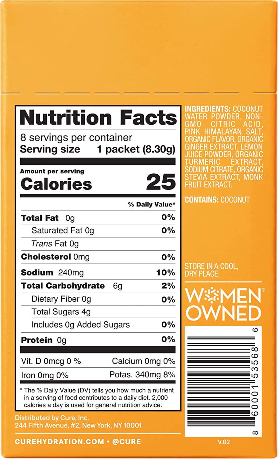 Cure Hydrating Electrolyte Mix | Electrolyte Powder for Dehydration Relief | Made with Coconut Water | No Added Sugar | Vegan | Paleo Friendly | Box of 8 Hydration Packets - Ginger Turmeric Flavor