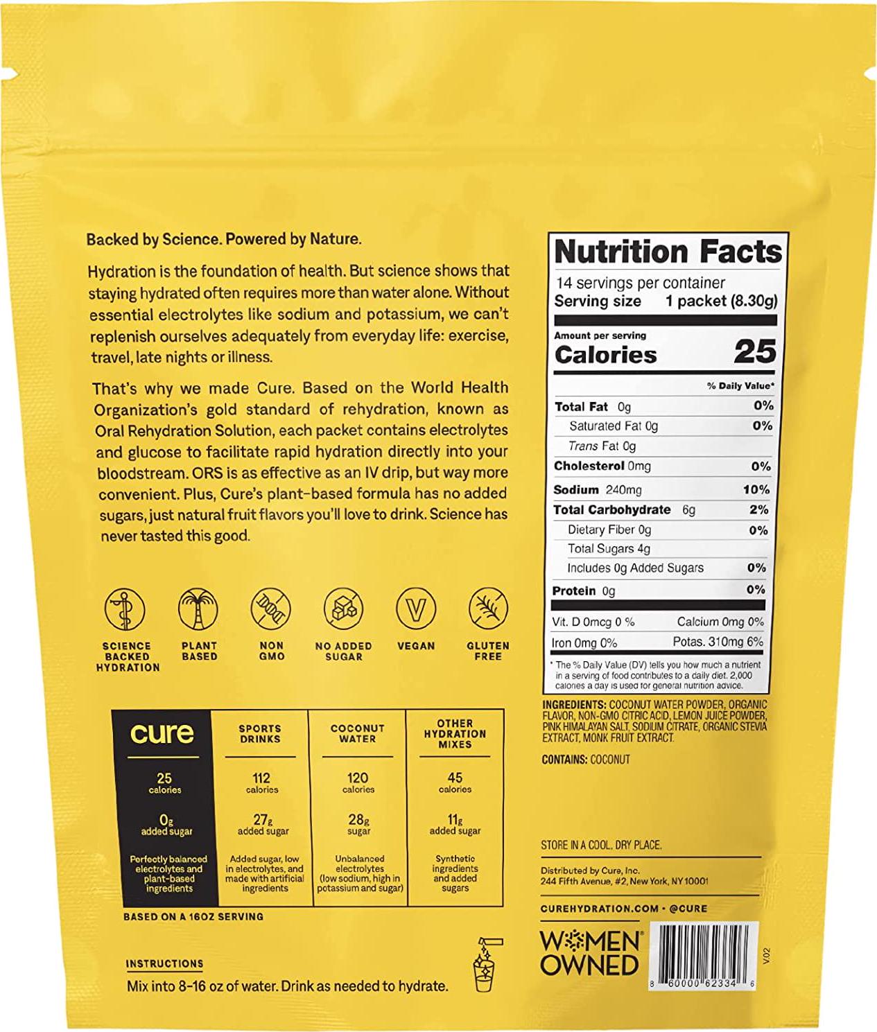 Cure Hydrating Electrolyte Mix | Electrolyte Powder for Dehydration Relief | Made with Coconut Water | No Added Sugar | Vegan | Paleo Friendly | Pouch of 14 Hydration Packets - Lemon Flavor