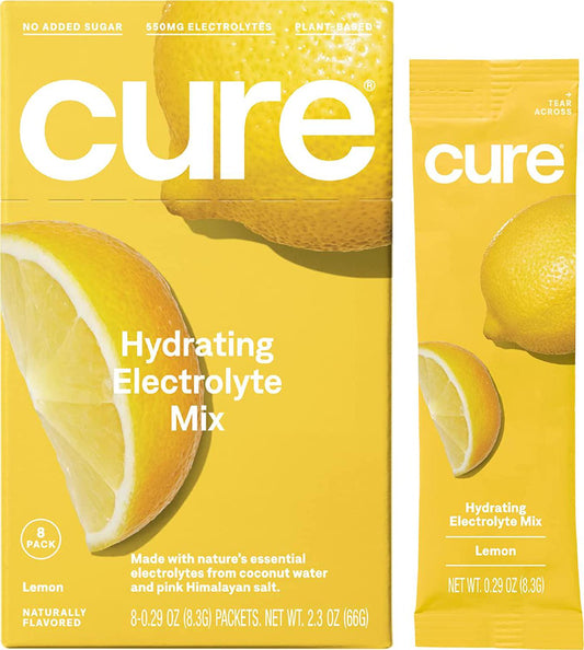 Cure Hydrating Electrolyte Mix | Electrolyte Powder for Dehydration Relief | Made with Coconut Water | No Added Sugar | Vegan | Paleo Friendly | Box of 8 Hydration Packets - Lemon