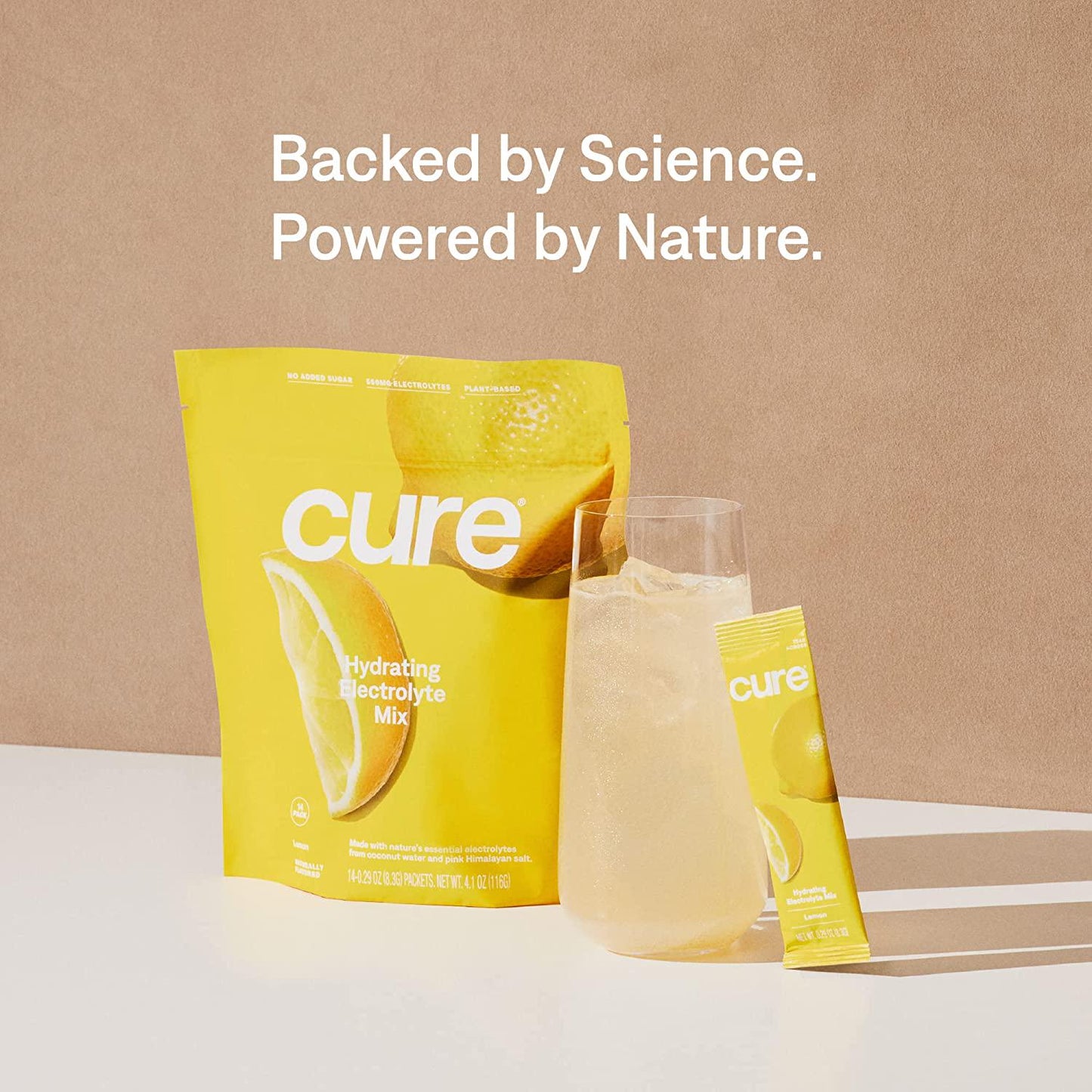 Cure Hydrating Electrolyte Mix | Electrolyte Powder for Dehydration Relief | Made with Coconut Water | No Added Sugar | Vegan | Paleo Friendly | Pouch of 14 Hydration Packets - Lemon Flavor