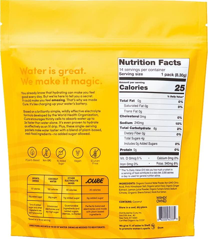 Cure Hydrating Electrolyte Mix | Electrolyte Powder for Dehydration Relief | Made with Coconut Water | No Added Sugar | Vegan | Paleo Friendly | Pouch of 14 Hydration Packets - Ginger Turmeric Flavor