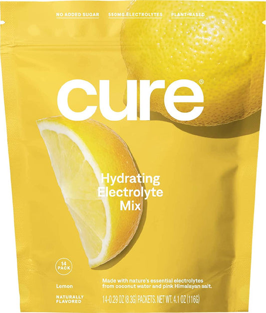 Cure Hydrating Electrolyte Mix | Electrolyte Powder for Dehydration Relief | Made with Coconut Water | No Added Sugar | Vegan | Paleo Friendly | Pouch of 14 Hydration Packets - Lemon Flavor