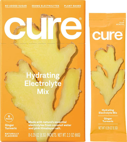 Cure Hydrating Electrolyte Mix | Electrolyte Powder for Dehydration Relief | Made with Coconut Water | No Added Sugar | Vegan | Paleo Friendly | Box of 8 Hydration Packets - Ginger Turmeric Flavor