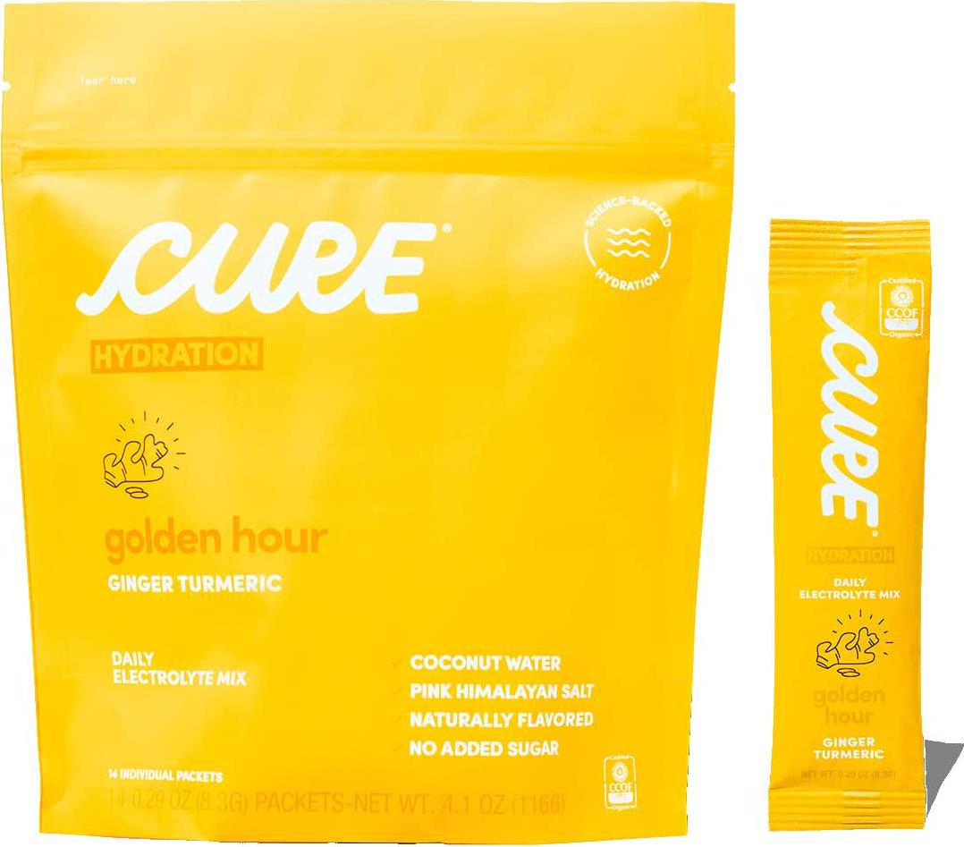 Cure Hydrating Electrolyte Mix | Electrolyte Powder for Dehydration Relief | Made with Coconut Water | No Added Sugar | Vegan | Paleo Friendly | Pouch of 14 Hydration Packets - Ginger Turmeric Flavor