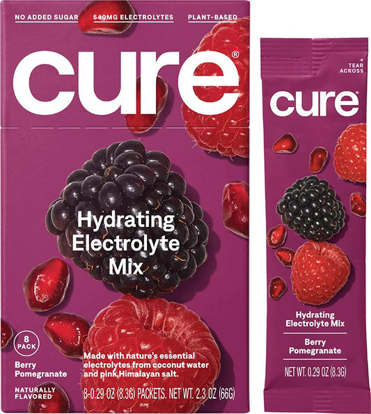Cure Hydrating Electrolyte Mix | Electrolyte Powder for Dehydration Relief | Made with Coconut Water | No Added Sugar | Vegan | Paleo Friendly | Box of 8 Hydration Packets - Berry Pomegranate Flavor