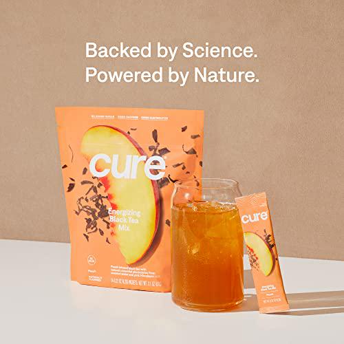 Cure Peach Tea Energizing Hydration Mix - Natural Energy Drink with Electrolytes and Caffeine | Made with Coconut Water | No Added Sugar | Vegan | Pouch of 14 Energy Packets - Peach Tea
