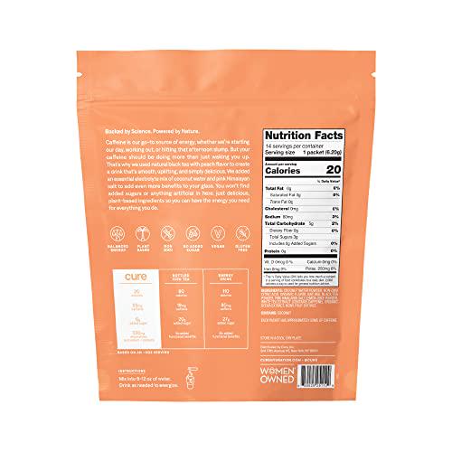 Cure Peach Tea Energizing Hydration Mix - Natural Energy Drink with Electrolytes and Caffeine | Made with Coconut Water | No Added Sugar | Vegan | Pouch of 14 Energy Packets - Peach Tea