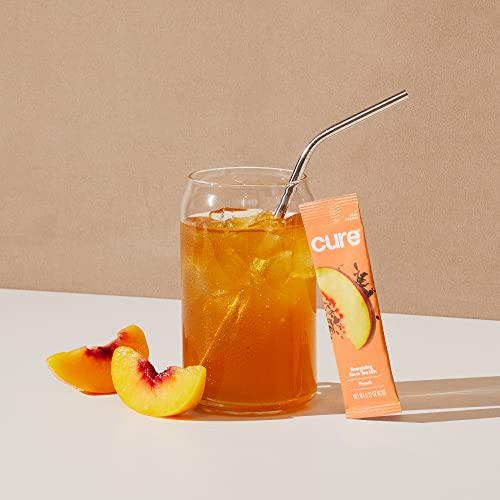 Cure Peach Tea Energizing Hydration Mix - Natural Energy Drink with Electrolytes and Caffeine | Made with Coconut Water | No Added Sugar | Vegan | Pouch of 14 Energy Packets - Peach Tea