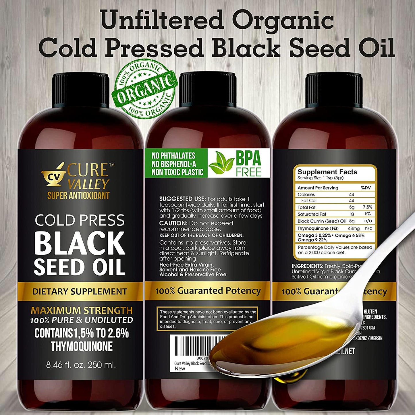 Cure Valley Black Seed Oil 8.4oz: Higher Bioavailabilty Faster Absorbtion, Very High Thymoquinone, Cold Pressed, 100% Turkish Black Cumin Seed Oil, Non-GMO, 100% Liquid Pure Black Seed Oil