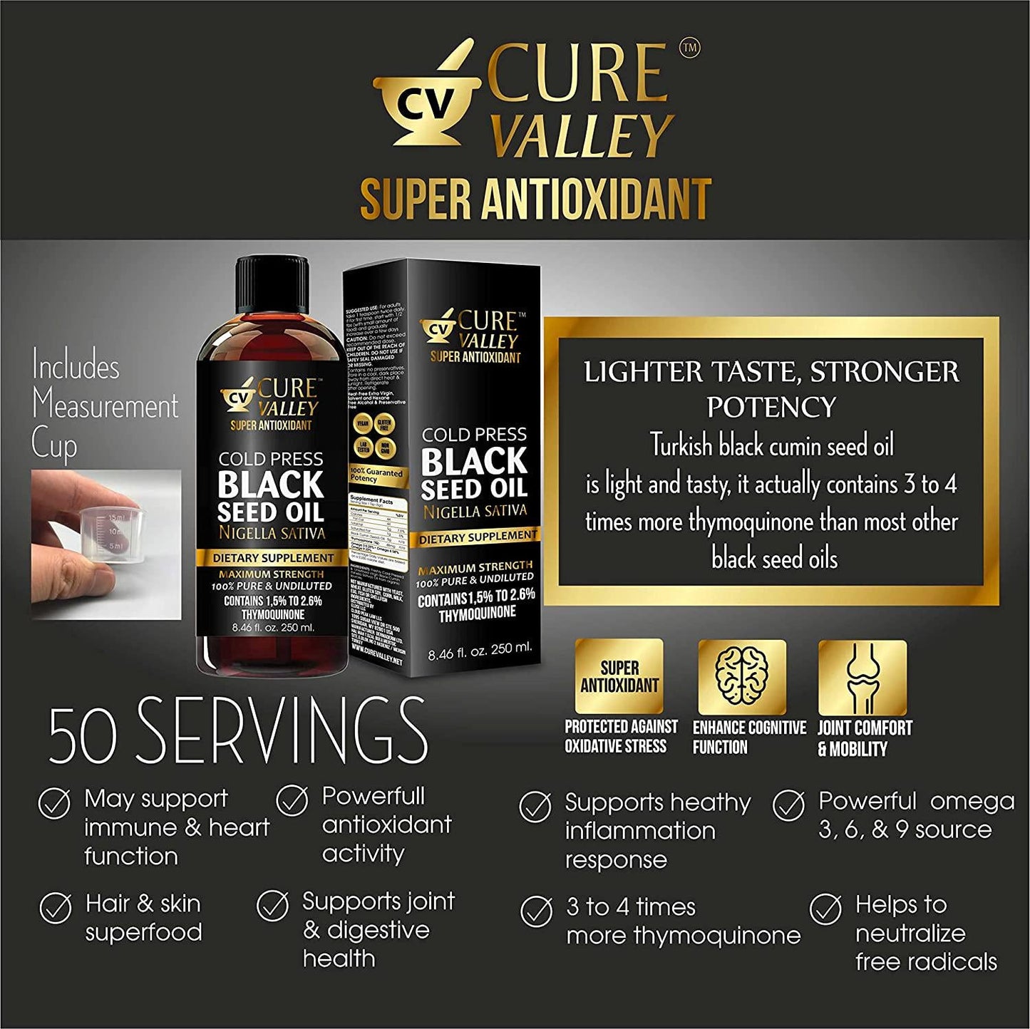 Cure Valley Black Seed Oil 8.4oz: Higher Bioavailabilty Faster Absorbtion, Very High Thymoquinone, Cold Pressed, 100% Turkish Black Cumin Seed Oil, Non-GMO, 100% Liquid Pure Black Seed Oil