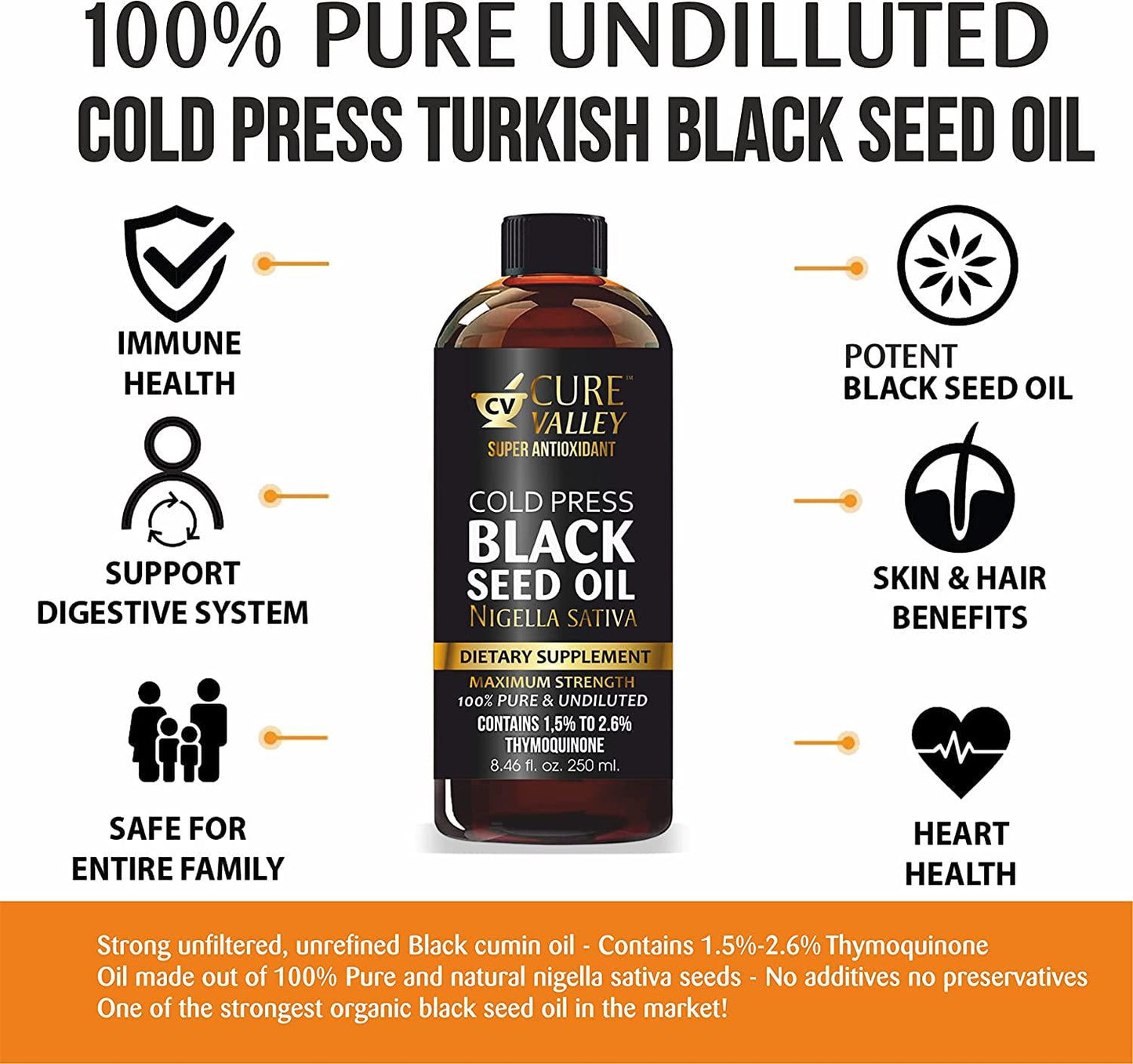 Cure Valley Black Seed Oil 8.4oz: Higher Bioavailabilty Faster Absorbtion, Very High Thymoquinone, Cold Pressed, 100% Turkish Black Cumin Seed Oil, Non-GMO, 100% Liquid Pure Black Seed Oil