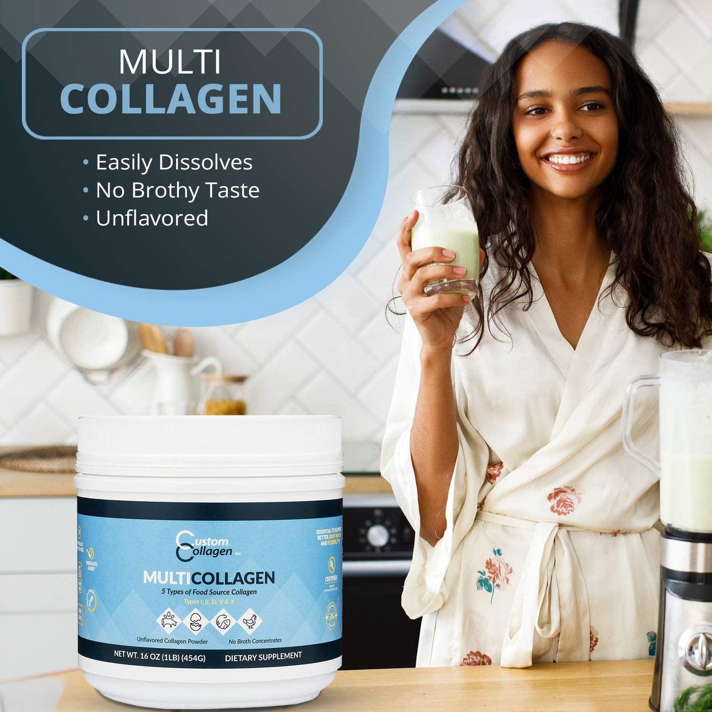 Custom Collagen Multi Collagen Plus Peptides Complex, 2 Pound Jar - Non GMO, Kosher, Unflavored