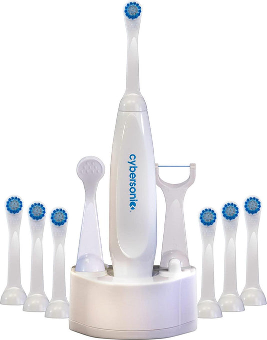 Cybersonic Classic Electric Toothbrush, Rechargable Power Toothbrush with Complete Dental Care Kit including Tongue Scraper and Floss Heads + 6 Replacement Brush Heads