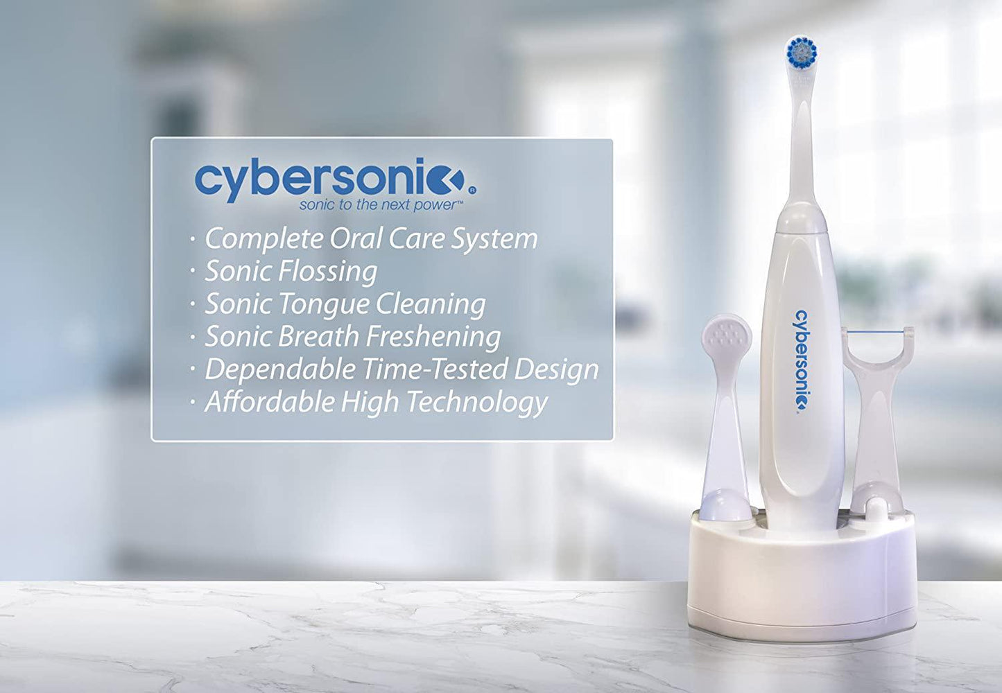 Cybersonic Classic Electric Toothbrush, Rechargable Power Toothbrush with Complete Dental Care Kit including Tongue Scraper and Floss Heads + 6 Replacement Brush Heads