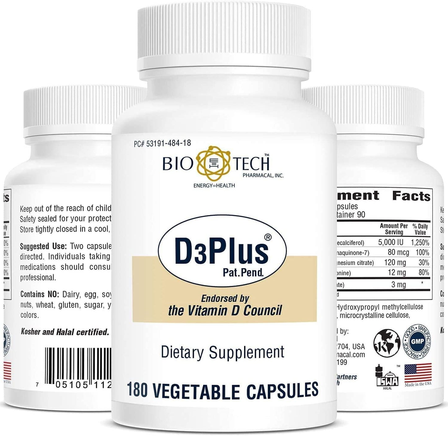 D3Plus - 180 Vegetable Capsules by Bio-Tech Pharmacal
