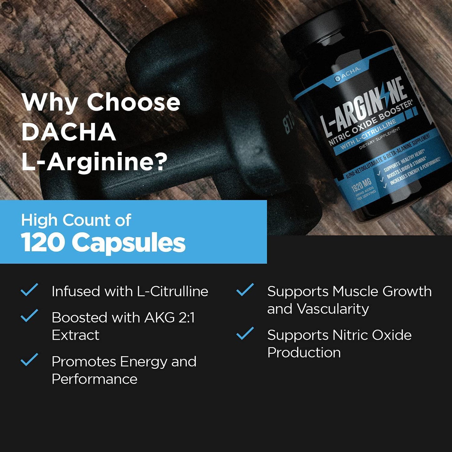 DACHA Premium L Arginine Pills - 1920 MG AAKG Nitric Oxide Precursor, L-Citrulline HCL, Essential Amino Acids for Energy, Muscle Growth, Heart Health, Vascularity and Stamina