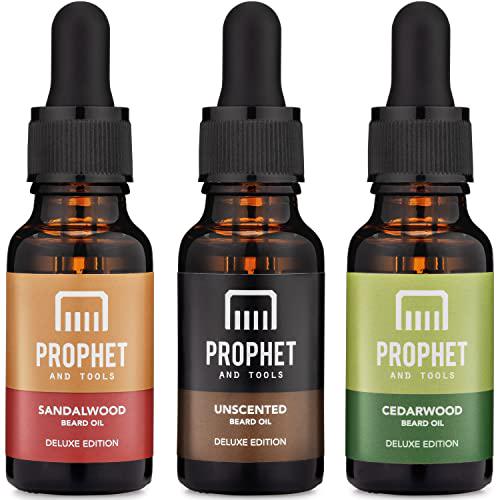 DELUXE EDITION 3 Pack Beard Oil Conditioners for Men [2oz] - Sandalwood, Cedarwood and Unscented - Designed for Thicker Facial Hair Growth, Softening and Conditioning - Smells Masculine, All Natural, Unscented, Nuts-Free and Vegan Approved