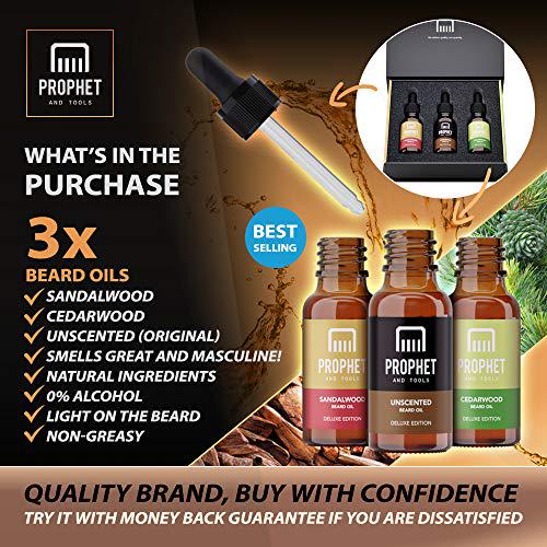 DELUXE EDITION 3 Pack Beard Oil Conditioners for Men [2oz] - Sandalwood, Cedarwood and Unscented - Designed for Thicker Facial Hair Growth, Softening and Conditioning - Smells Masculine, All Natural, Unscented, Nuts-Free and Vegan Approved