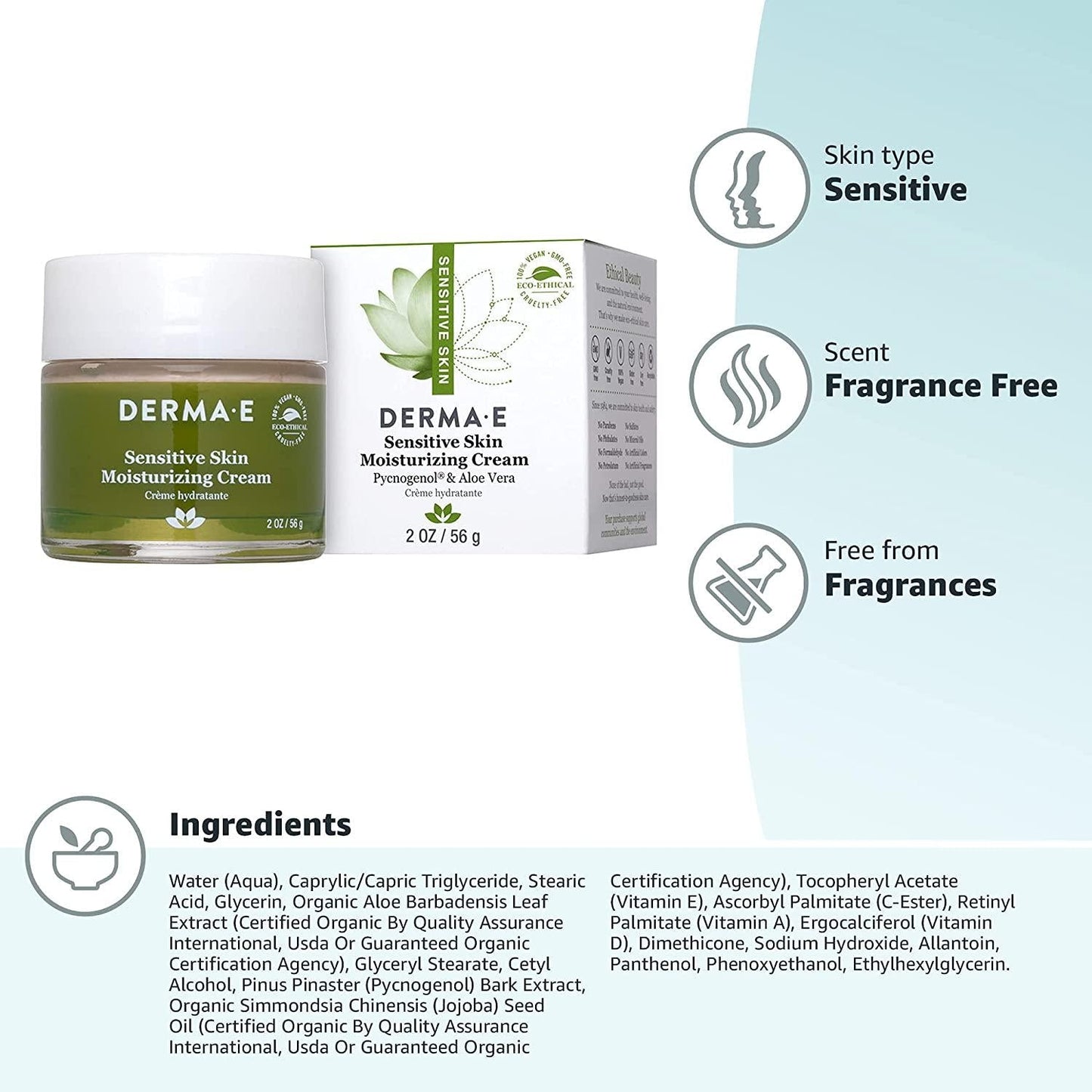 DERMA E Sensitive Skin Moisturizing Cream Gentle, Unscented Daily Face Moisturizer Soothing Facial Cream with Pycnogenol and Vitamins A, C and E - Reduces Redness and Irritation, 2 oz