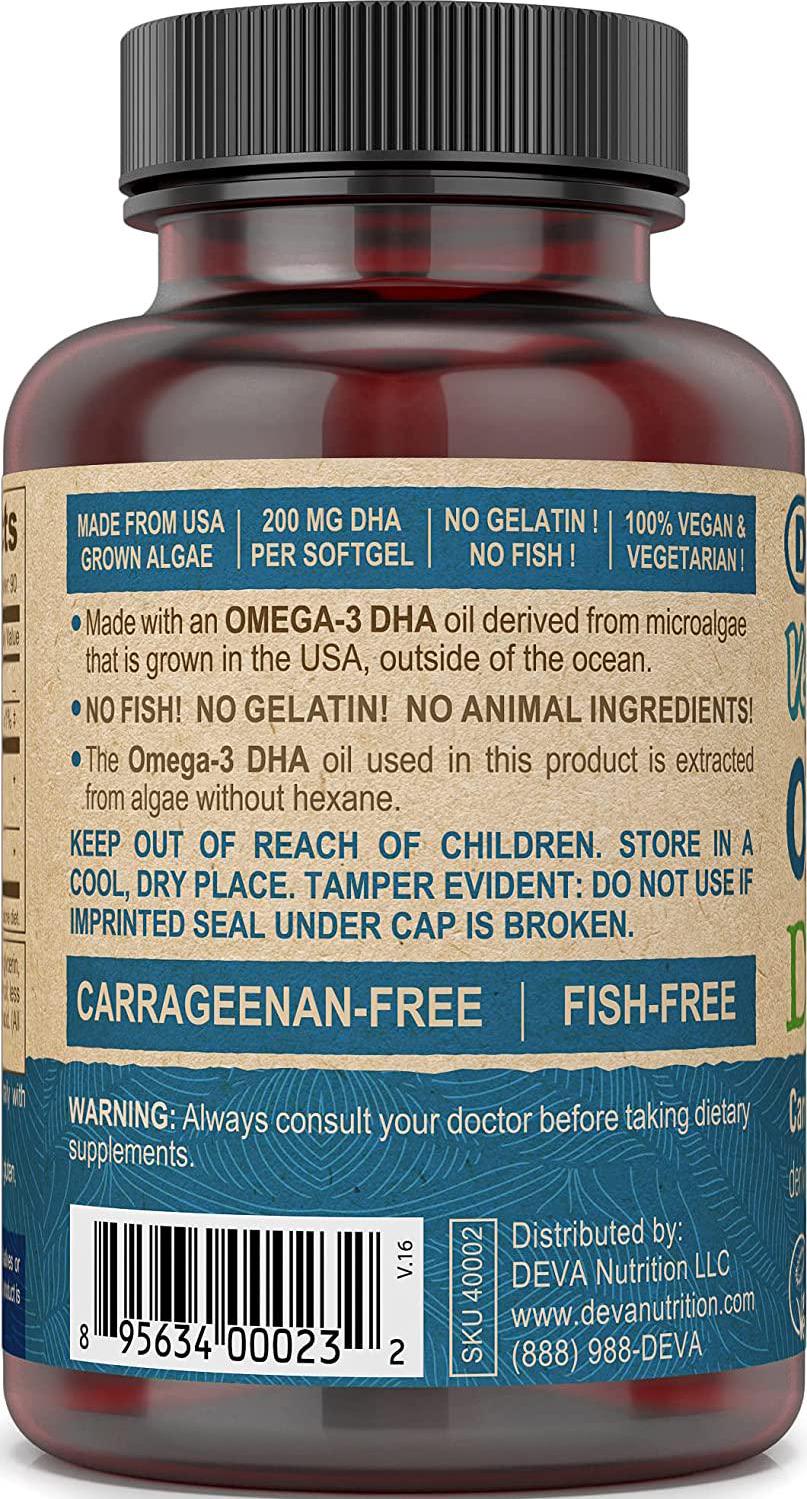 DEVA Vegan Vitamins Vegan DHA (Algae) 200mg Vegan Softgels, 90-Count Bottle