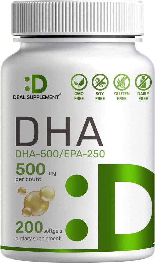 DHA Supplements - DHA 500mg, EPA 250mg, 200 Softgels, Burpless, Omega-3s 1000mg, Support Brain Health - Premium DHA EPA Omega 3 Supplement