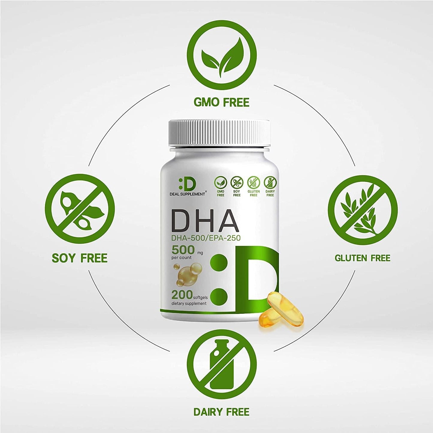 DHA Supplements - DHA 500mg, EPA 250mg, 200 Softgels, Burpless, Omega-3s 1000mg, Support Brain Health - Premium DHA EPA Omega 3 Supplement