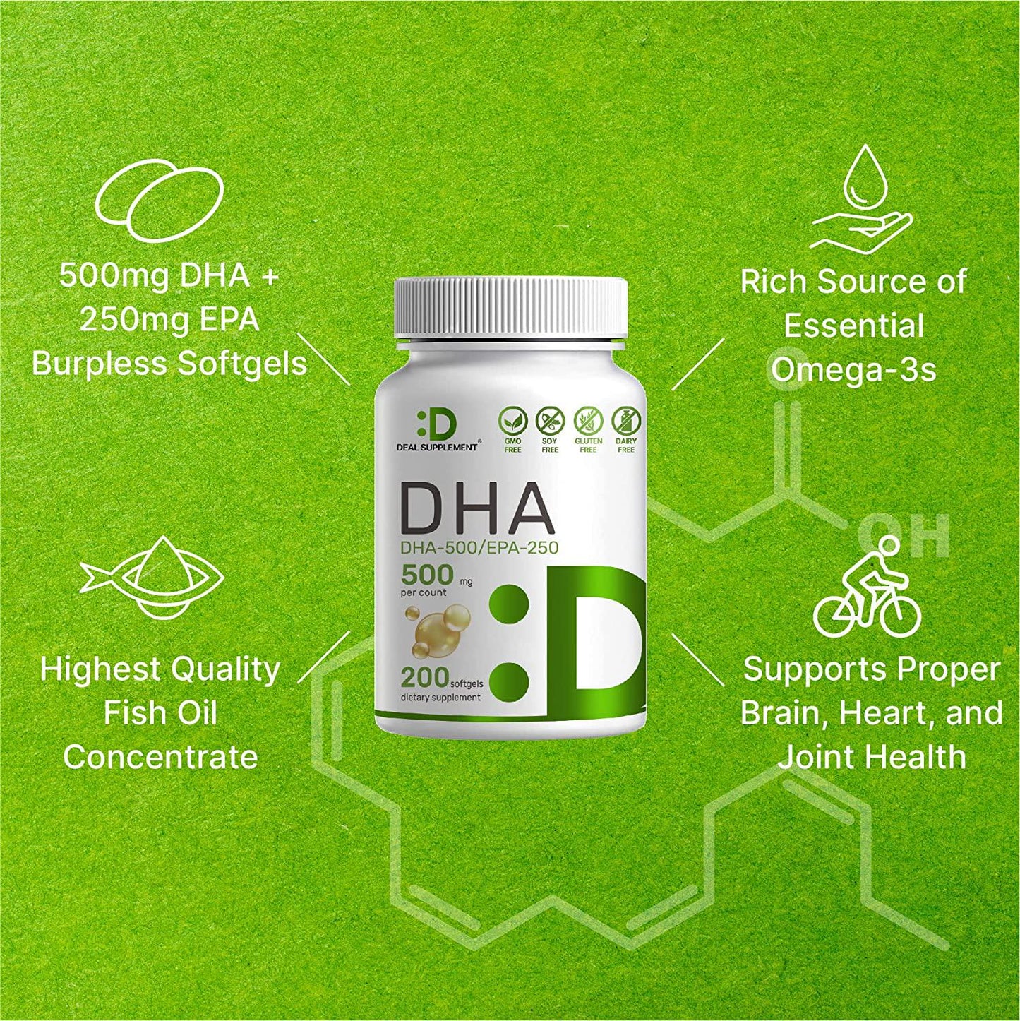 DHA Supplements - DHA 500mg, EPA 250mg, 200 Softgels, Burpless, Omega-3s 1000mg, Support Brain Health - Premium DHA EPA Omega 3 Supplement