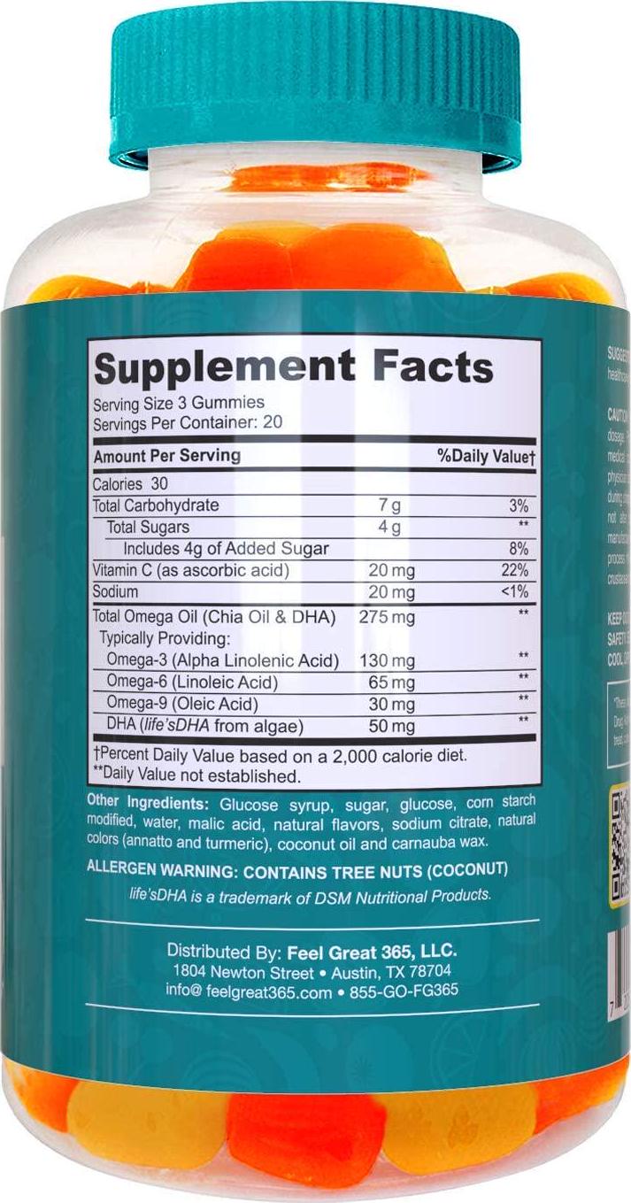 DHA and Omega Vegetarian Gummy Vitamins by Feel Great 365, Packed with Vitamin C, Chia, and Omega 3 6 9, Supports Brain and Immune Functions, Men and Women 21 to 65 Plus, (60 Count)