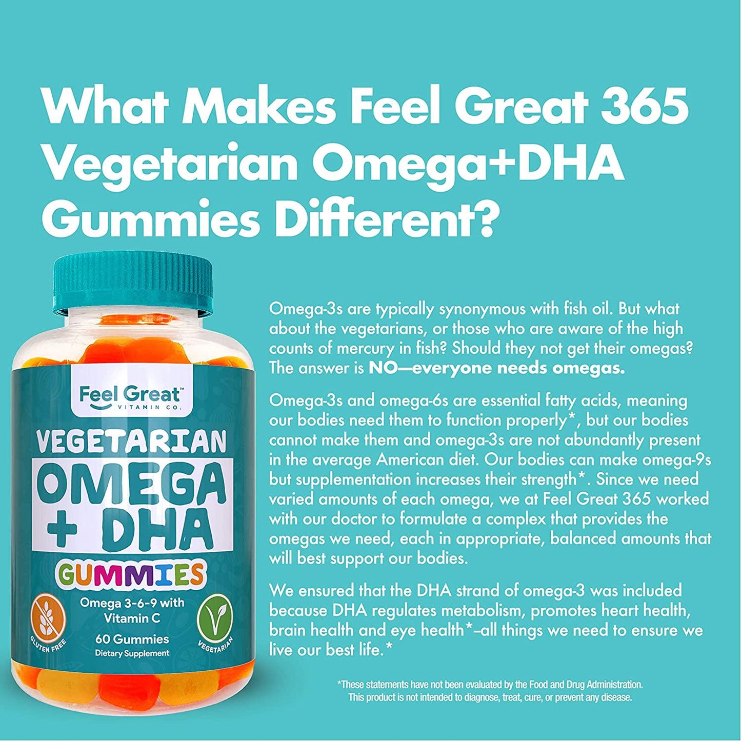 DHA and Omega Vegetarian Gummy Vitamins by Feel Great 365, Packed with Vitamin C, Chia, and Omega 3 6 9, Supports Brain and Immune Functions, Men and Women 21 to 65 Plus, (60 Count)