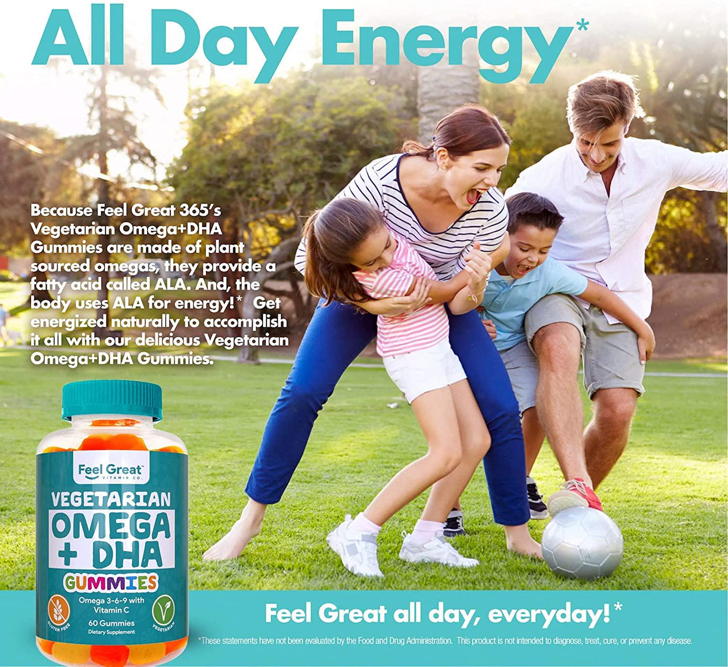 DHA and Omega Vegetarian Gummy Vitamins by Feel Great 365, Packed with Vitamin C, Chia, and Omega 3 6 9, Supports Brain and Immune Functions, Men and Women 21 to 65 Plus, (60 Count)