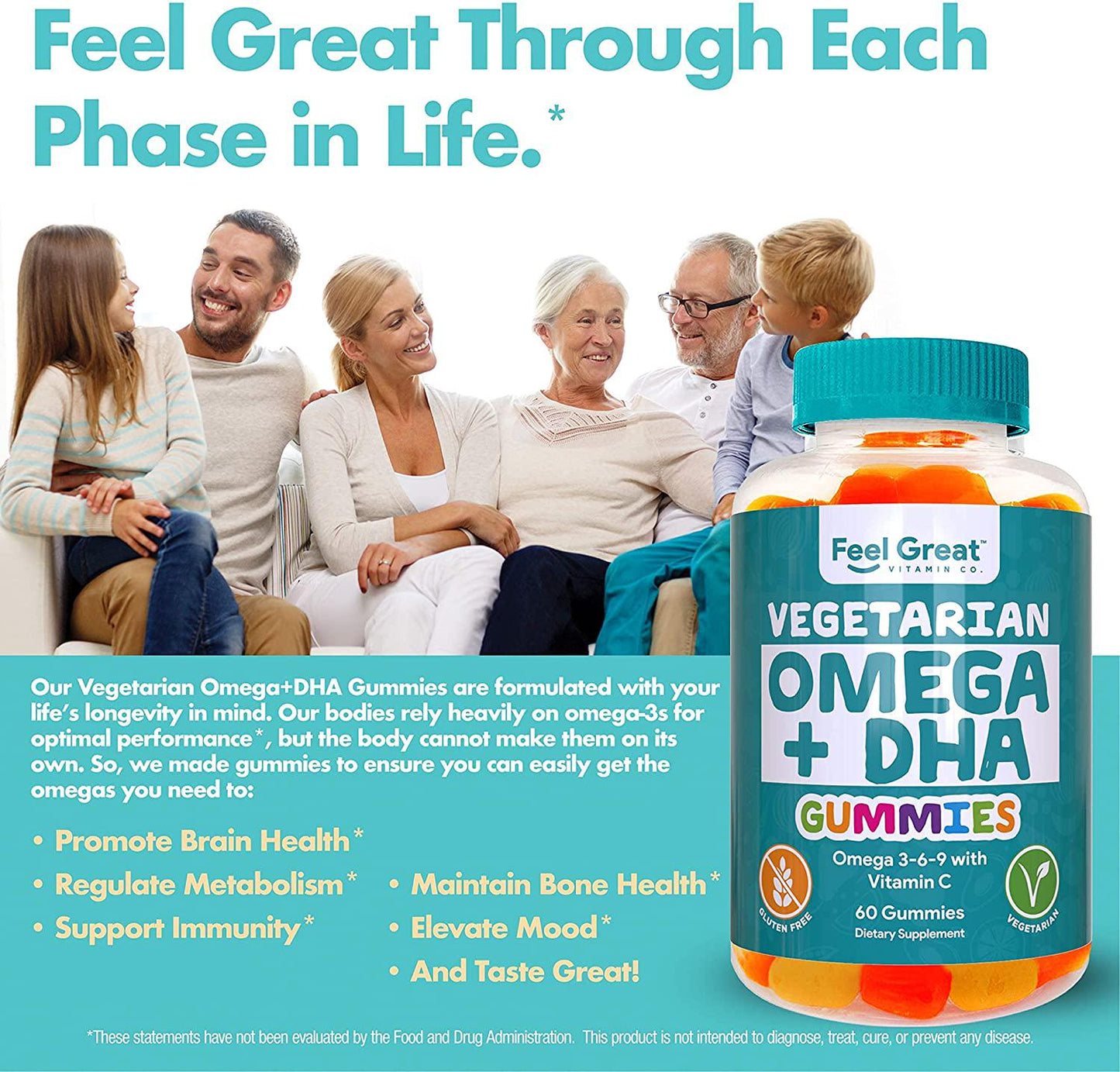 DHA and Omega Vegetarian Gummy Vitamins by Feel Great 365, Packed with Vitamin C, Chia, and Omega 3 6 9, Supports Brain and Immune Functions, Men and Women 21 to 65 Plus, (60 Count)