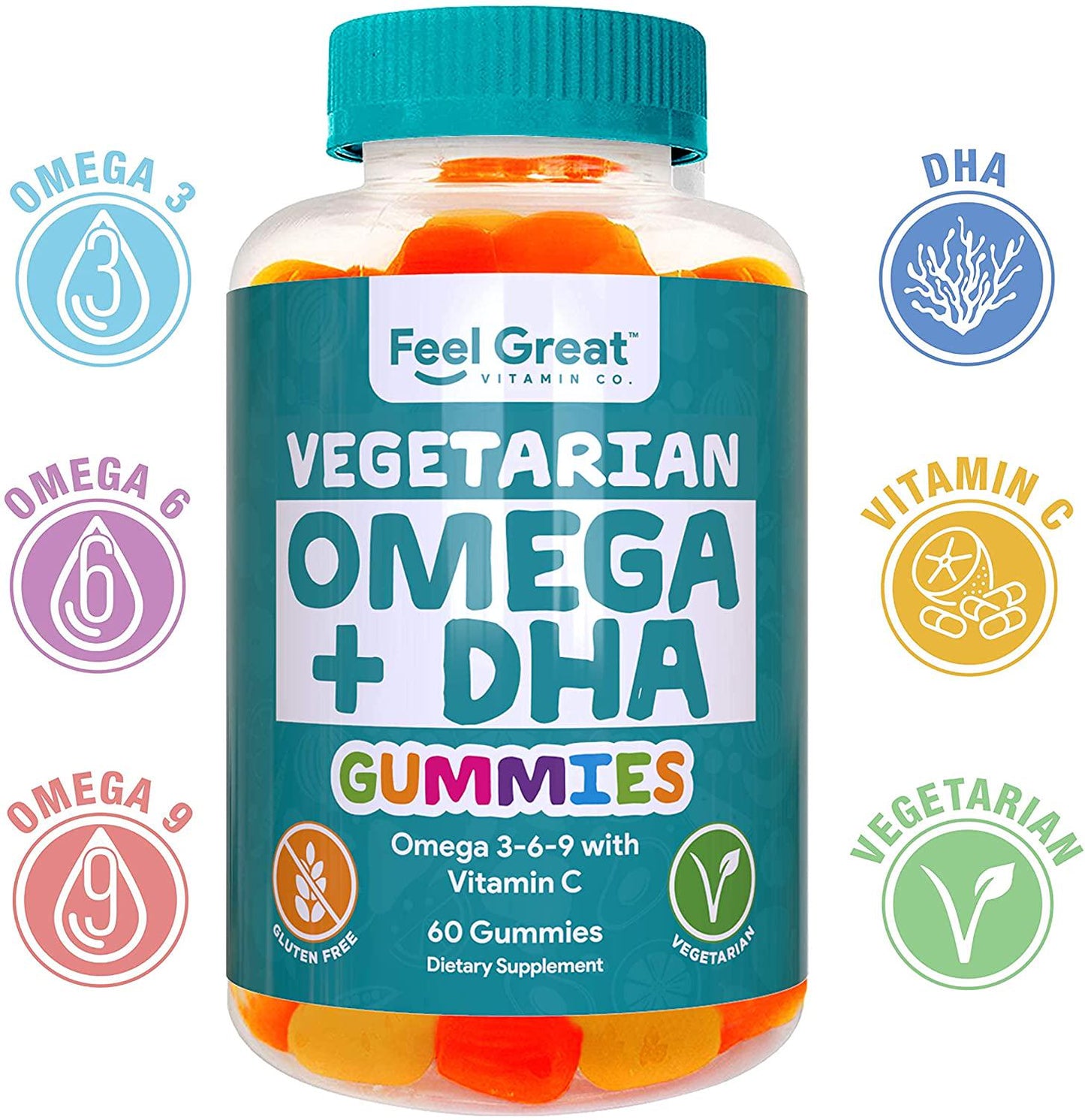 DHA and Omega Vegetarian Gummy Vitamins by Feel Great 365, Packed with Vitamin C, Chia, and Omega 3 6 9, Supports Brain and Immune Functions, Men and Women 21 to 65 Plus, (60 Count)