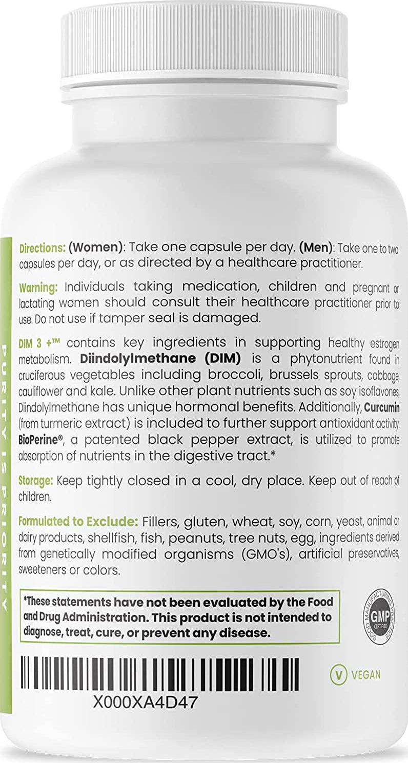 DIM 3 + (2 Month Supply) 60 Vegan Caps | DIM-200mg, Curcumin-250mg and BioPerine-2.5mg | Supports Healthy Estrogen Metabolism in Men and Women | Natural Aromatase Inhibitor | Pharmaceutical Grade