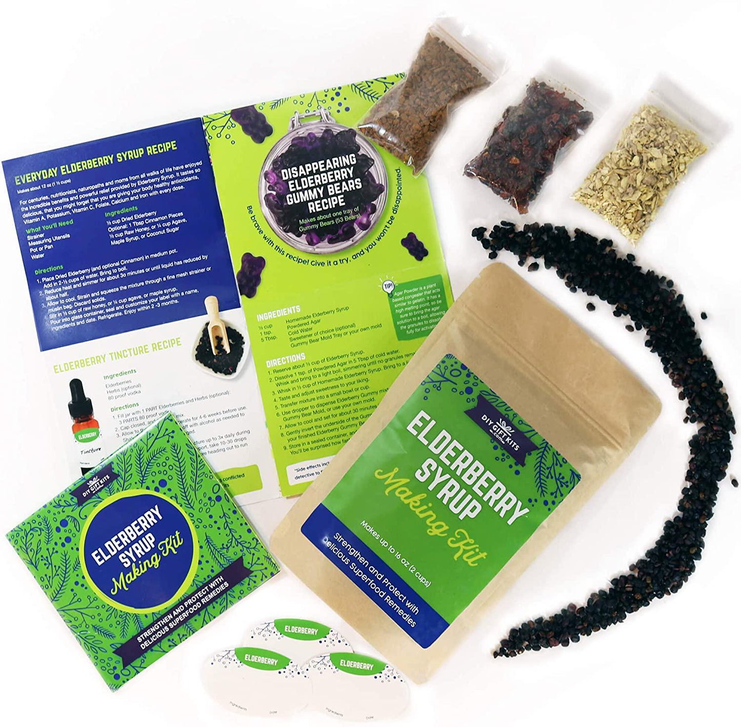 DIY Gift Kits Organic Elderberry Syrup Kit, 4 Herbal Recipe Pack Makes 25+ Servings