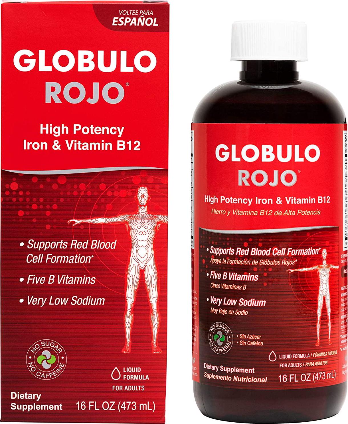 DLC Laboratories Globulo Rojo, Liquid Dietary Supplement with High Potency Iron and B12 Vitamin to support Red Blood Cell Formation, Fortified with Niacin, Riboflavin and Thiamin, 16 FL Oz, Bottle