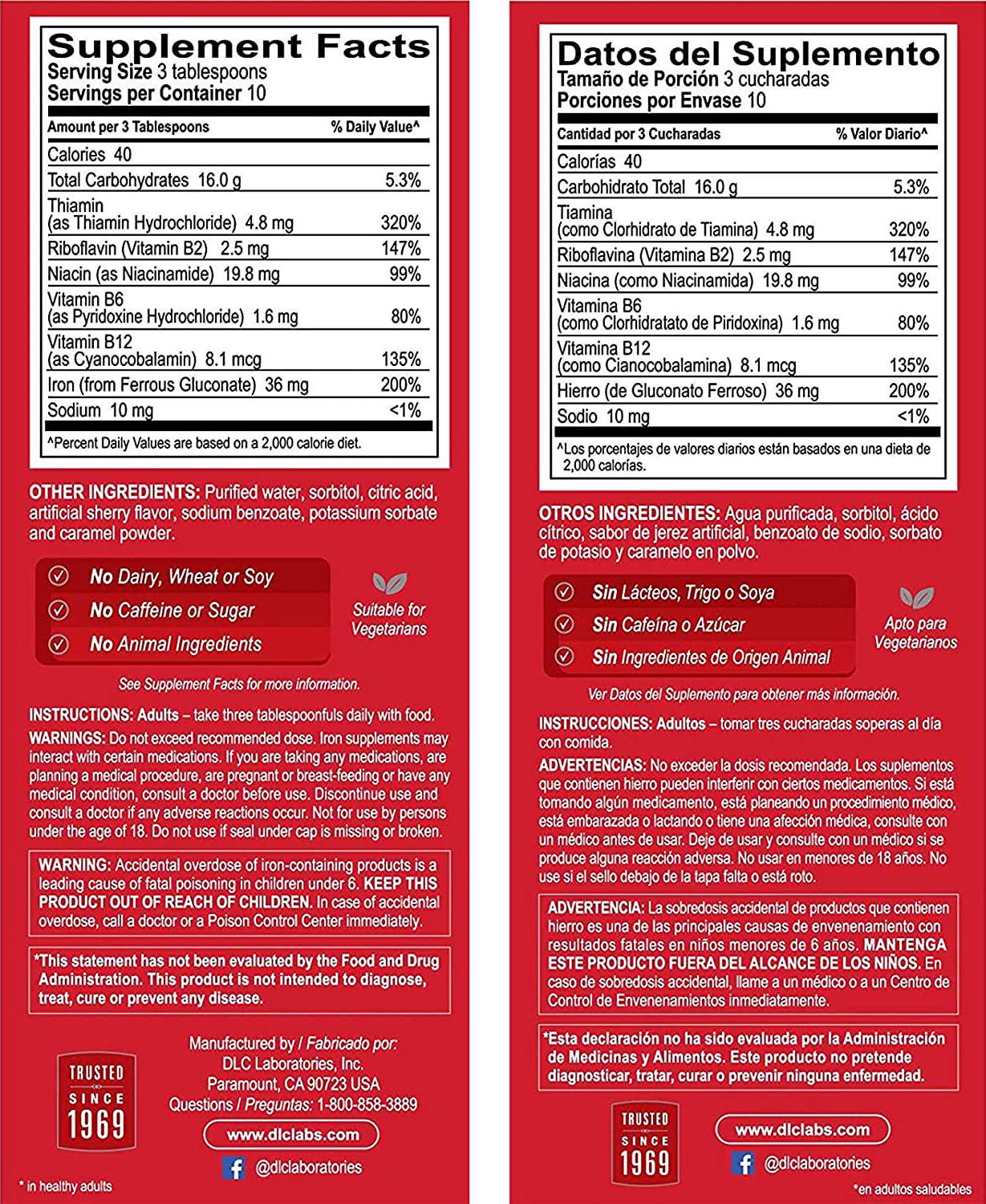 DLC Laboratories Globulo Rojo, Liquid Dietary Supplement with High Potency Iron and B12 Vitamin to support Red Blood Cell Formation, Fortified with Niacin, Riboflavin and Thiamin, 16 FL Oz, Bottle