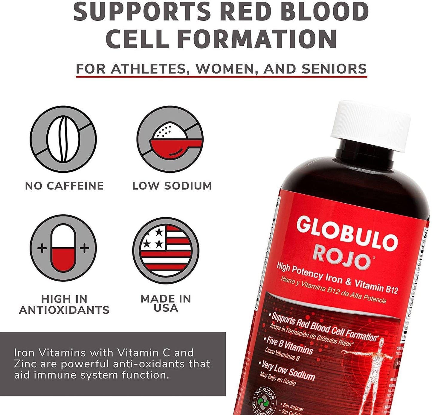 DLC Laboratories Globulo Rojo, Liquid Dietary Supplement with High Potency Iron and B12 Vitamin to support Red Blood Cell Formation, Fortified with Niacin, Riboflavin and Thiamin, 16 FL Oz, Bottle