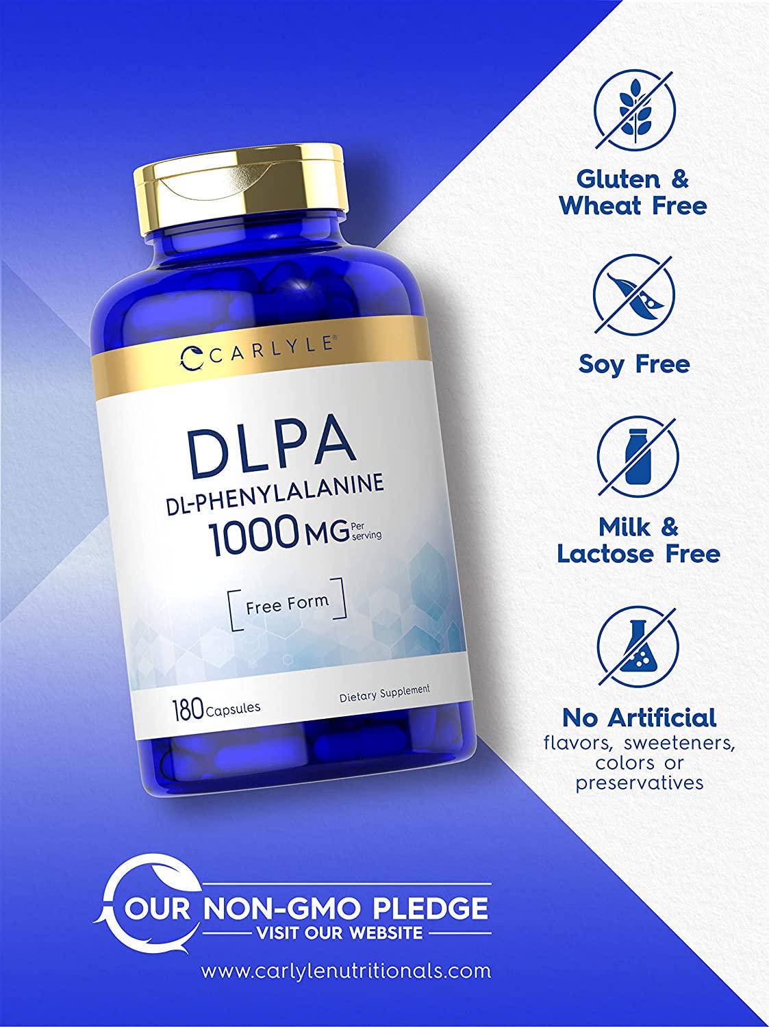 DL-Phenylalanine | 1000mg | 180 Capsules | Non-GMO and Gluten Free Formula | DLPA Free Form Supplement | by Carlyle