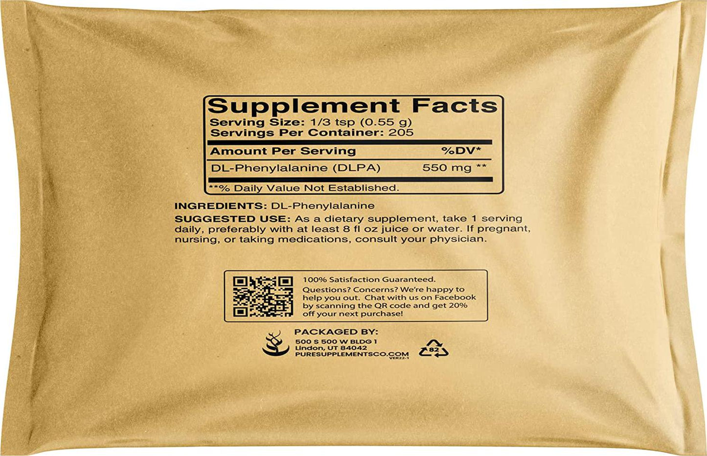 DL-Phenylalanine Powder (4 oz) DLPA Amino Acid Supplement, Mood, Brain Health, No Additives or Fillers