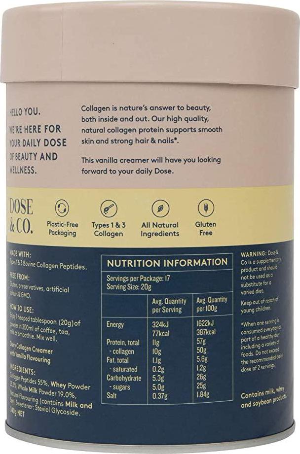DOSE and CO Dose and Co Collagen Creamer (Vanilla) 340g - Non-GMO, Gluten Free, Sugar Free Collagen Peptides, (11203)