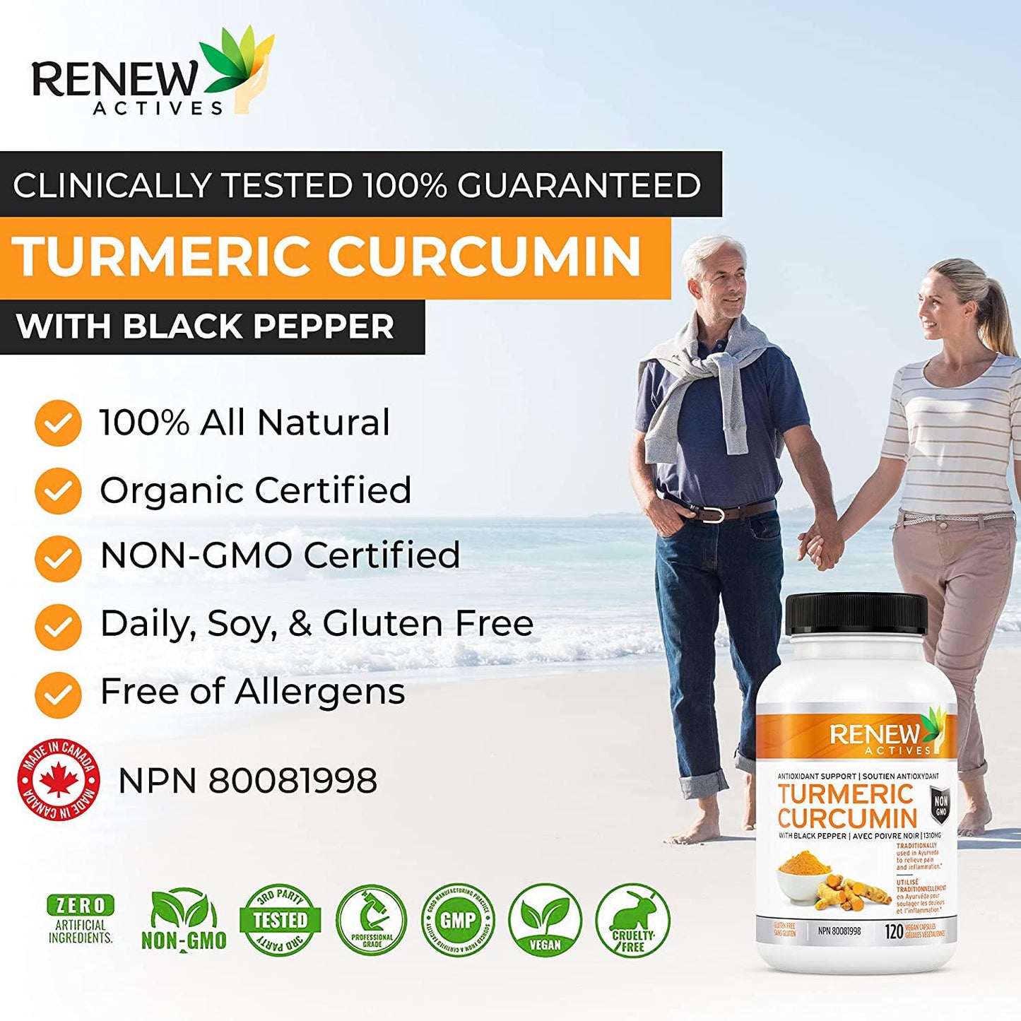 DOUBLE STRENGTH ORGANIC TURMERIC + BLACK PEPPER: Renew Actives 1300mg Turmeric Curcumin Supplement with Bioperine - Natural Anti Inflammatory Pills for Joint Pain Support - 120 Veggie Capsules