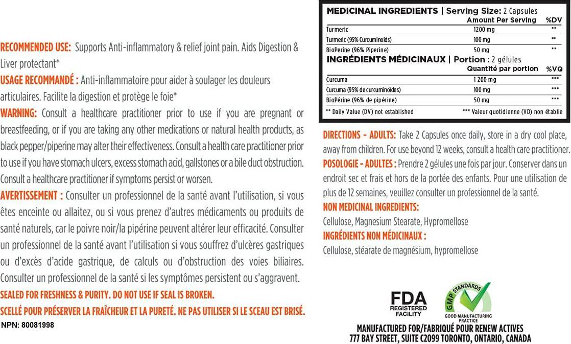 DOUBLE STRENGTH ORGANIC TURMERIC + BLACK PEPPER: Renew Actives 1300mg Turmeric Curcumin Supplement with Bioperine - Natural Anti Inflammatory Pills for Joint Pain Support - 120 Veggie Capsules