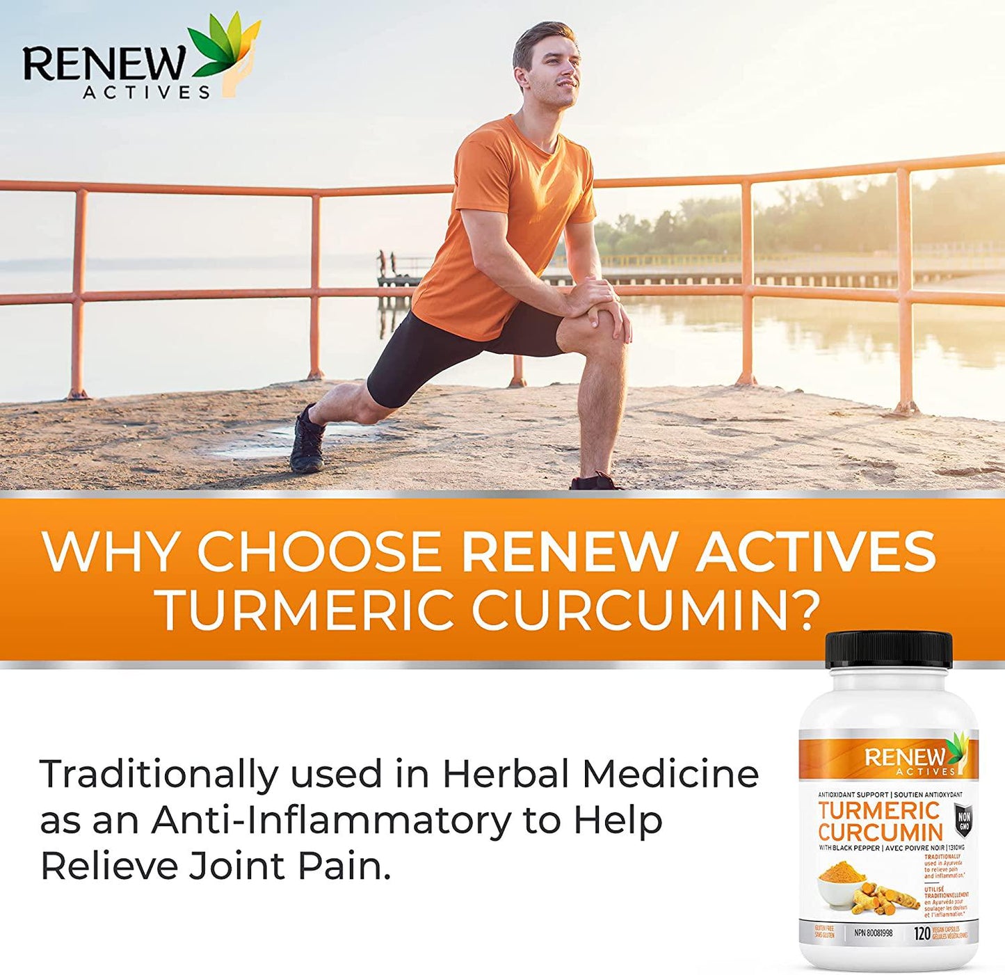 DOUBLE STRENGTH ORGANIC TURMERIC + BLACK PEPPER: Renew Actives 1300mg Turmeric Curcumin Supplement with Bioperine - Natural Anti Inflammatory Pills for Joint Pain Support - 120 Veggie Capsules